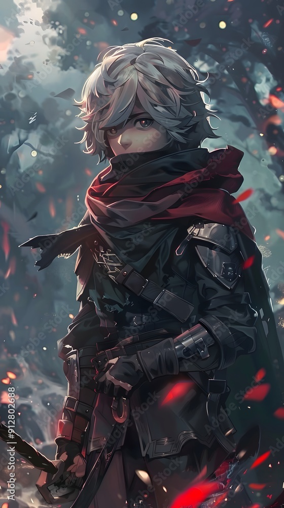 Obraz premium Anime Warrior in Dark Forest.