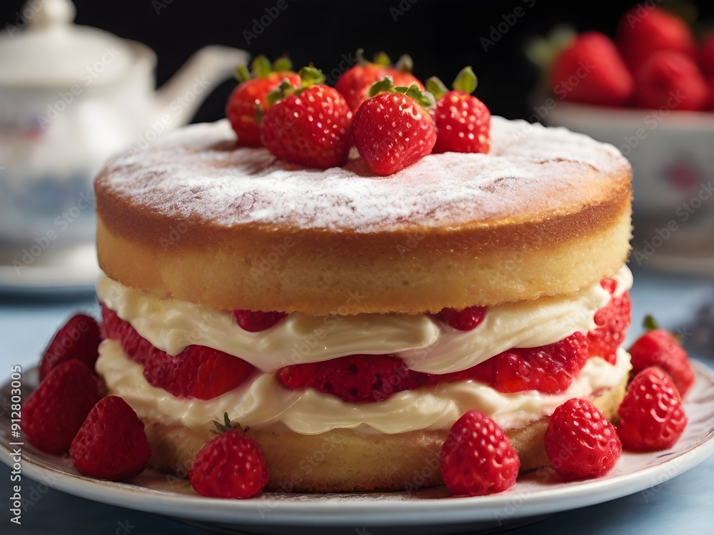 A close-up of the classic Victoria Strawberry Sponge Cake with Cream A close-up of the classic Victoria Strawberry Sponge Cake with Cream