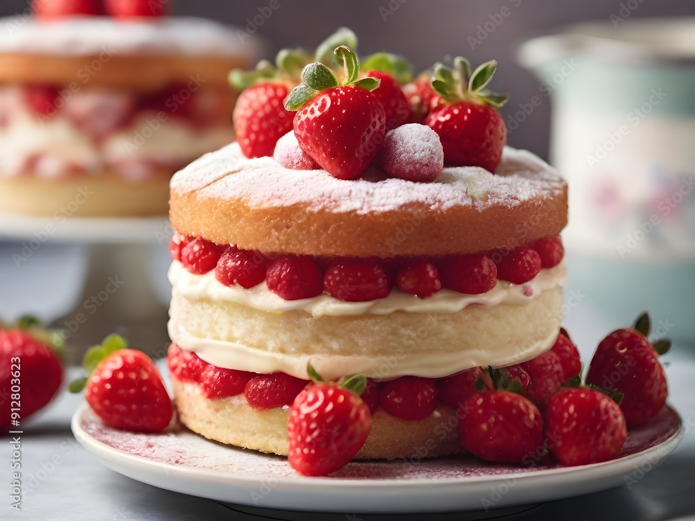 A close-up of the classic Victoria Strawberry Sponge Cake with Cream A close-up of the classic Victoria Strawberry Sponge Cake with Cream