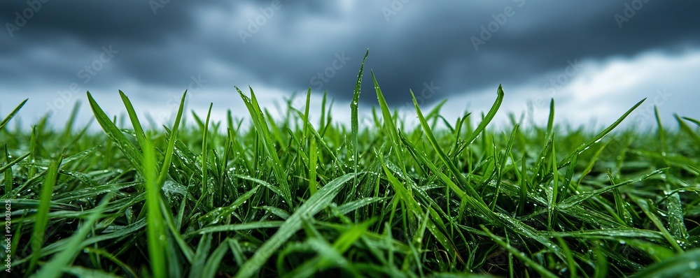 Fototapeta premium Lush green grass under a moody sky, capturing the beauty and contrast of nature's colors in a serene landscape.