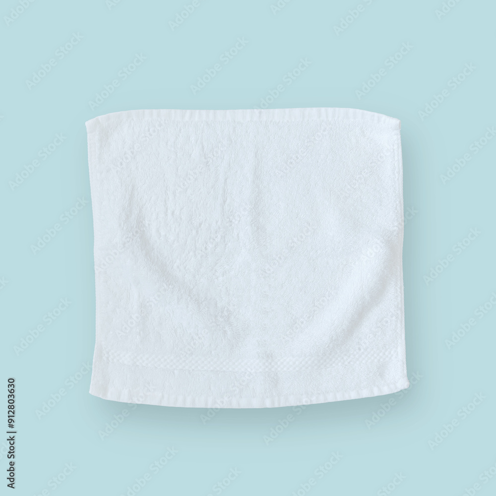 White cotton towel mock up template square size fabric wiper isolated on light pastel blue background with clipping path, flat lay top view for hand towel and face cloths mockup template White cotton towel mock up template square size fabric wiper isolated on light pastel blue background with clipping path, flat lay top view for hand towel and face cloths mockup template