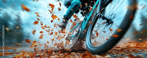 Dynamic close-up of a bicycle wheel in motion, scattering autumn leaves on a scenic trail. Perfect for action and nature themes. photo