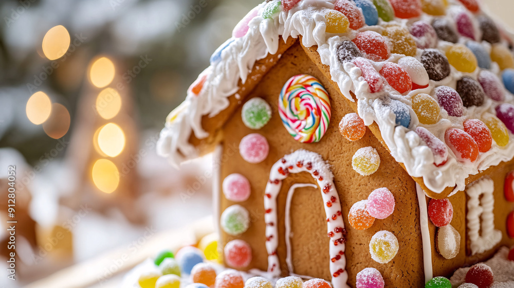 Naklejka premium Photography of a close-up of a beautifully decorated gingerbread house with icing and candies