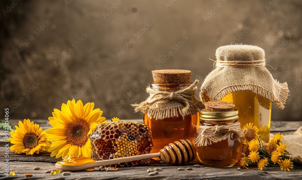 Jars of honey with sunflowers and honeycomb on a wooden table. Jars of honey with sunflowers and honeycomb on a wooden table.