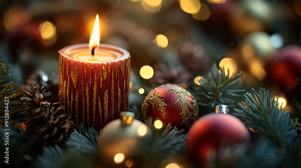 Photography of a close-up of a burning Christmas candle surrounded by pine branches and ornaments Photography of a close-up of a burning Christmas candle surrounded by pine branches and ornaments