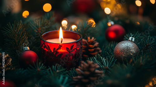 Photography of a close-up of a burning Christmas candle surrounded by pine branches and ornaments 