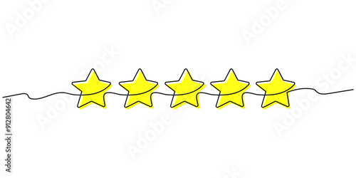 Line product quality rating or customer feedback with five yellow stars with a black line. Rating linear symbols for critic feedback service, rating survey, mobile app. Vector illustration