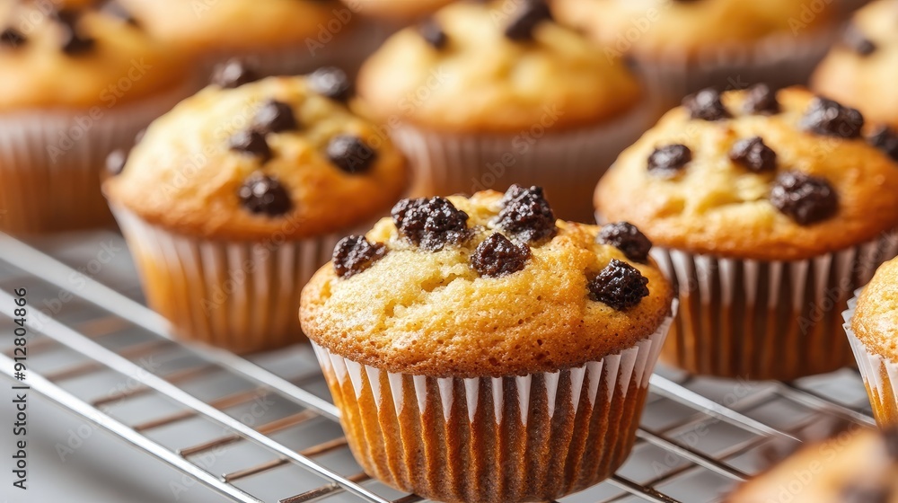 Close-up of freshly baked muffins on a wire rack, emphasizing their texture and delicious appearance. Close-up of freshly baked muffins on a wire rack, emphasizing their texture and delicious appearance.
