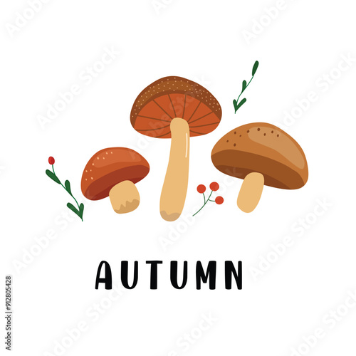 illustration of autumn mushrooms with whimsical forest elements. A seasonal nature inspired