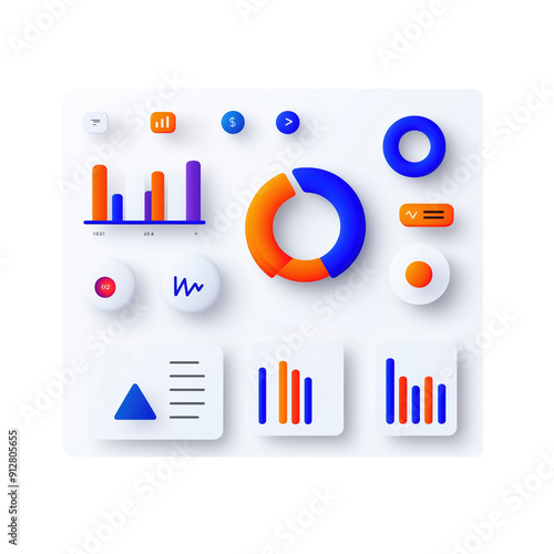 A contemporary data dashboard featuring colorful bar charts, pie charts, and various data visualizations. Perfect for concepts of business intelligence, data analysis, and financial technology.