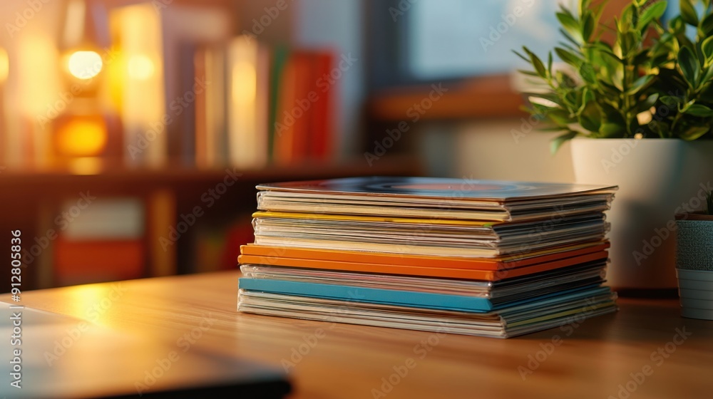 A stack of vinyl records, retro aesthetic, warm lighting A stack of vinyl records, retro aesthetic, warm lighting