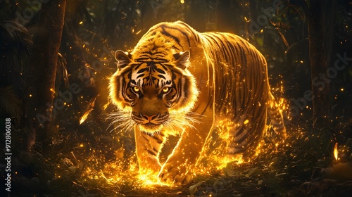 Fiery Tiger in the Forest: A majestic Bengal tiger, engulfed in a blazing inferno of golden light, strides confidently through a dark forest, radiating power and untamed beauty.  
