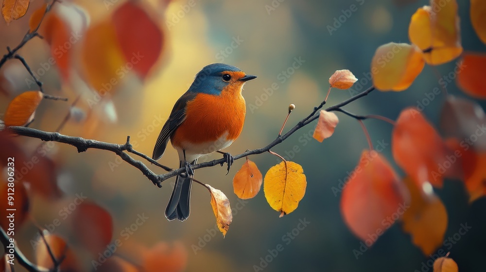 A vibrant bird sits gracefully on a bare branch amidst colorful autumn leaves, showcasing the beauty of nature during this tranquil moment A vibrant bird sits gracefully on a bare branch amidst colorful autumn leaves, showcasing the beauty of nature during this tranquil moment
