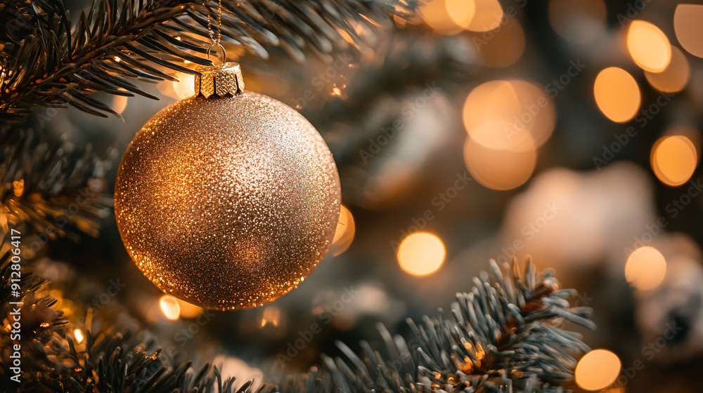 Photography of a close-up of a shimmering gold Christmas ornament hanging on a decorated tree branch Photography of a close-up of a shimmering gold Christmas ornament hanging on a decorated tree branch