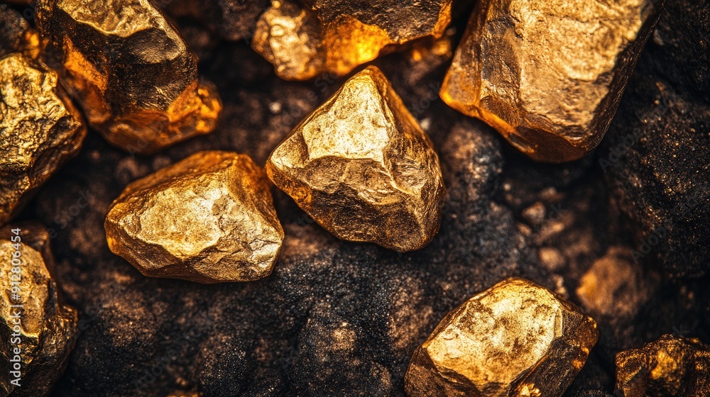Close-up of shiny gold nuggets on a dark background, highlighting their natural luster and texture. Close-up of shiny gold nuggets on a dark background, highlighting their natural luster and texture.