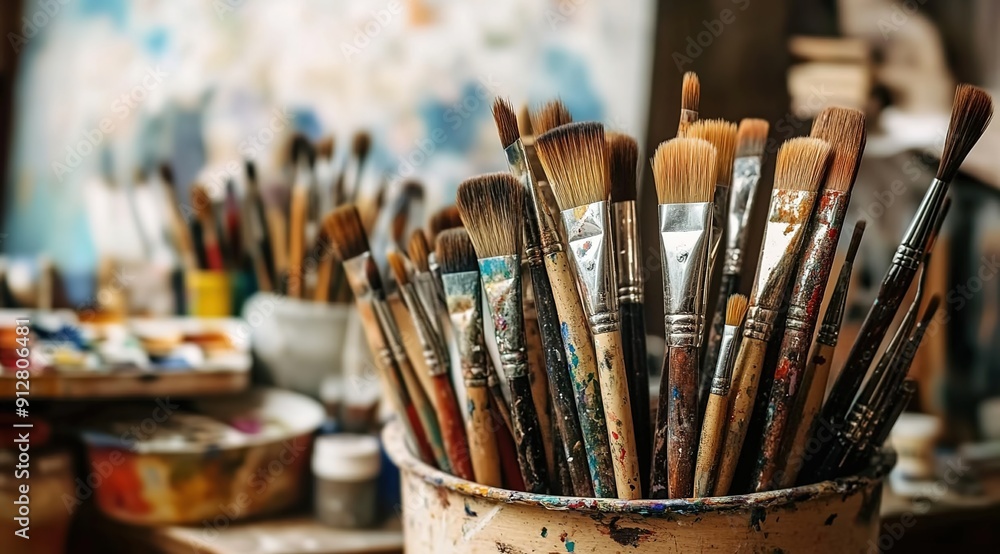 Fototapeta premium A collection of various art supplies, such as paintbrushes and brushes, arranged in an artistic display on the table.