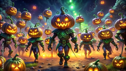 An ethereal procession of pumpkin-headed creatures, their luminescent forms casting otherworldly shadows across a mystica  generative AI photo