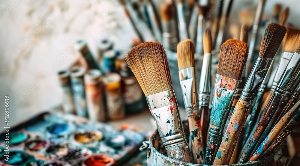 Obraz premium A collection of various art supplies, such as paintbrushes and brushes, arranged in an artistic display on the table.