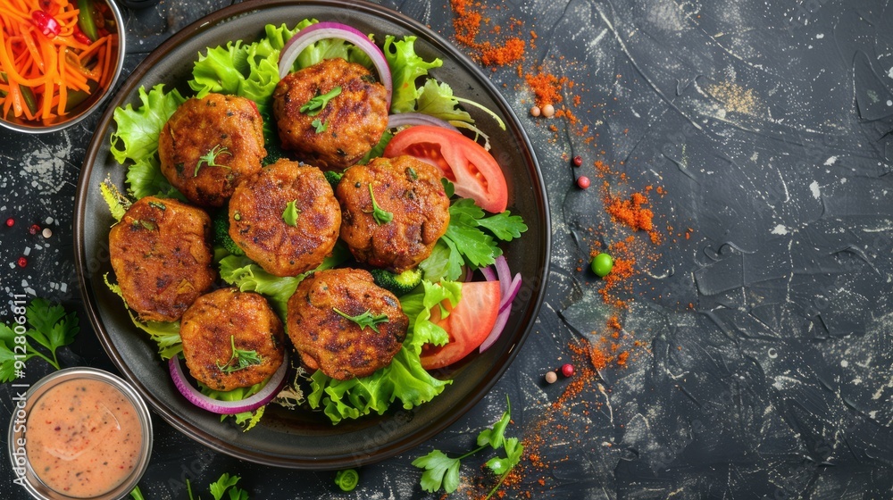 a plate of food item, kofta, nuggets, chicken cutlets with some salad around it. copy space a plate of food item, kofta, nuggets, chicken cutlets with some salad around it. copy space