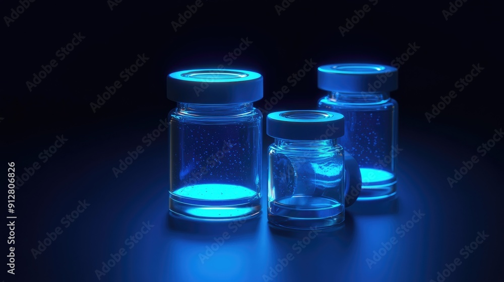 Glowing medical vials on a dark background Glowing medical vials on a dark background