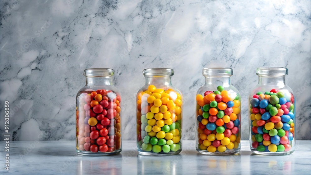 A Symphony of Sweetness: Three Bottles of Candy on a Marble Table AI generated A Symphony of Sweetness: Three Bottles of Candy on a Marble Table AI generated