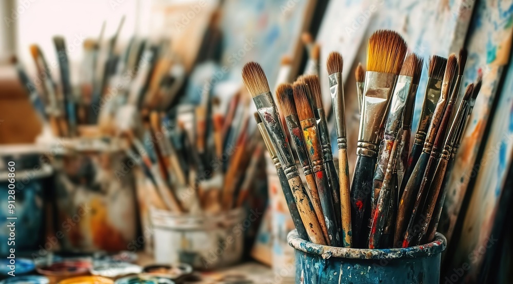 Fototapeta premium A collection of various art supplies, such as paintbrushes and brushes, arranged in an artistic display on the table.