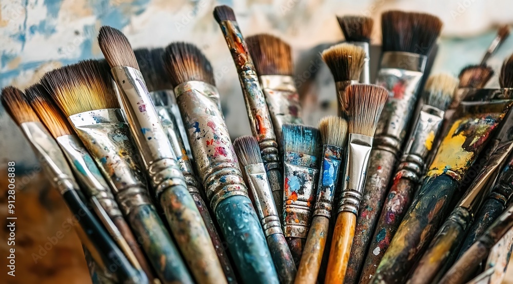 A collection of various art supplies, such as paintbrushes and brushes, arranged in an artistic display on the table.