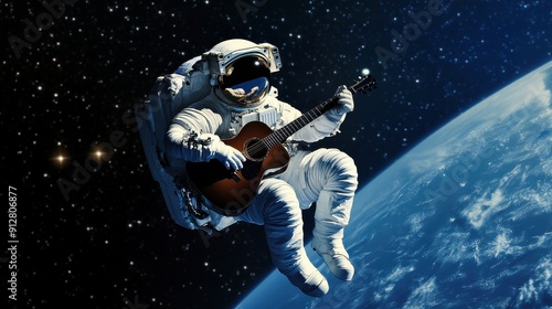 Astronaut playing acoustic guitar in zero gravity relaxation in space