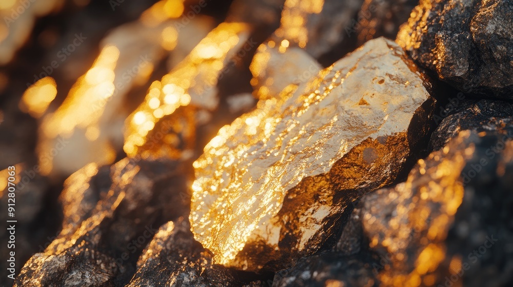 Close-up shot of gold nuggets, focusing on their metallic sheen and natural formations Close-up shot of gold nuggets, focusing on their metallic sheen and natural formations