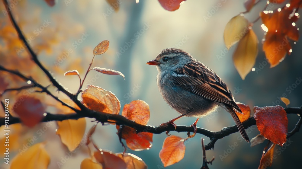 A small bird rests on a damp autumn branch, surrounded by vibrant orange and red leaves glistening from recent rain A small bird rests on a damp autumn branch, surrounded by vibrant orange and red leaves glistening from recent rain