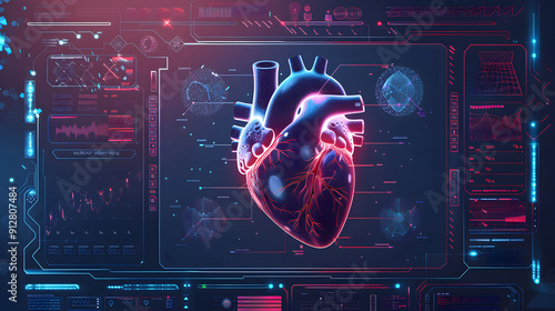 Futuristic medical research or heart cardiology health care with diagnosis vitals infographic biometrics for clinical and hospital design