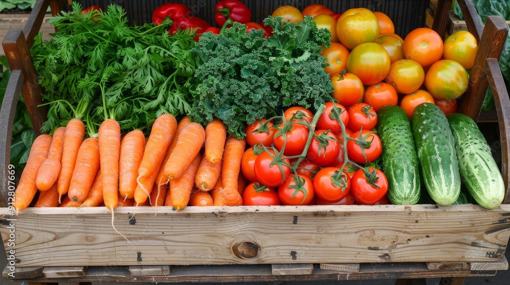 A variety of fresh vegetables including carrots, kale, tomatoes, cucumbers, and bell peppers displayed in a wooden crate. A variety of fresh vegetables including carrots, kale, tomatoes, cucumbers, and bell peppers displayed in a wooden crate.