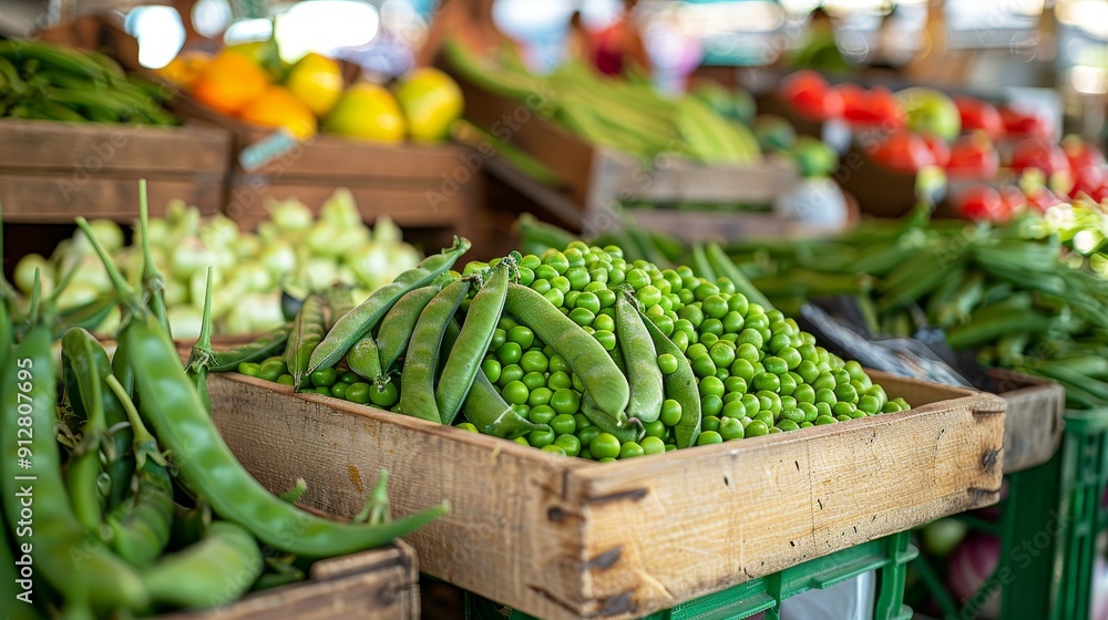 Fototapeta premium Vibrant photo of fresh peas and snap beans in a market setting