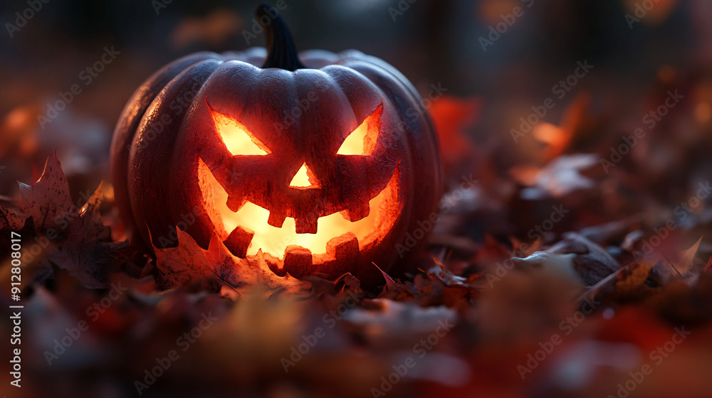 A close-up of a spooky jack-o'-lantern with a sinister grin, surrounded by autumn leaves A close-up of a spooky jack-o'-lantern with a sinister grin, surrounded by autumn leaves