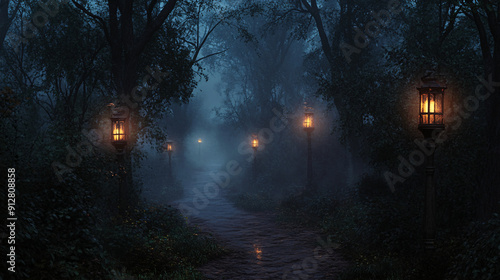 Fototapeta Naklejka Na Ścianę i Meble -  A spooky forest path illuminated by lanterns, with fog and eerie shadows 