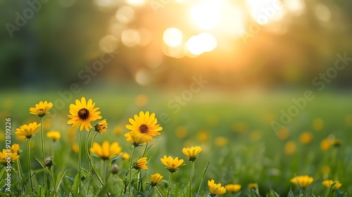 Sunlight-filled flower field, close-up macro picture of a spring or summer garden, or flower meadow field in the morning