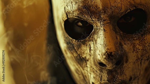 Close-Up of Distressed Horror Mask in Smoky Atmosphere