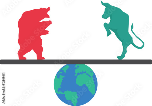  Bear and Bull fighting. Global economy crash or boom. Flat vector illustration

