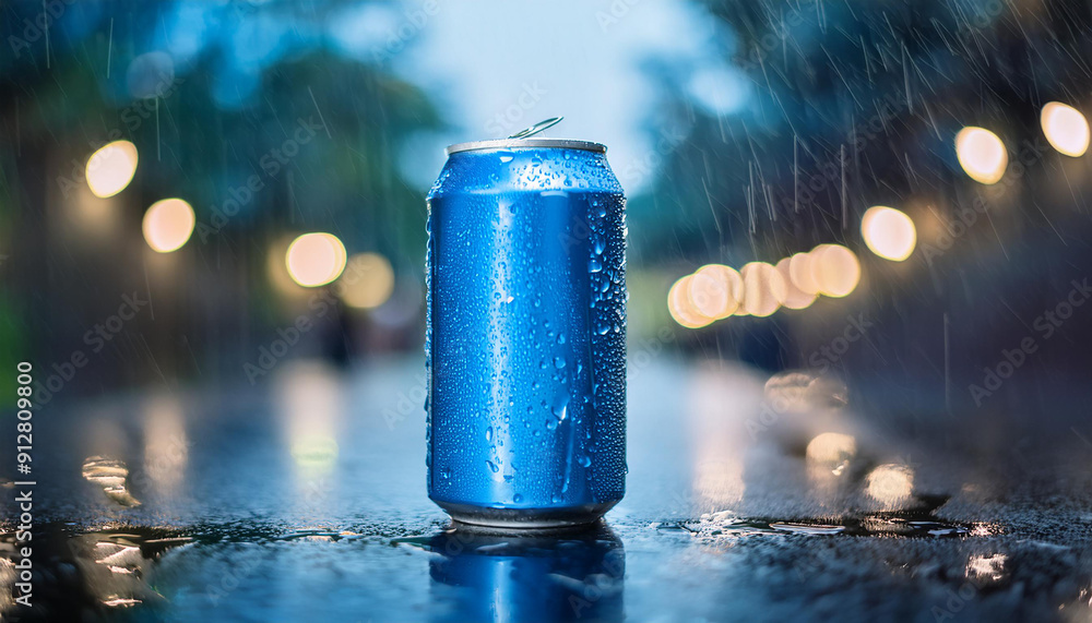 Refreshing blue soda or beer can in rain with bokeh lights. Tasty drink. Delicious beverage. Refreshing blue soda or beer can in rain with bokeh lights. Tasty drink. Delicious beverage.
