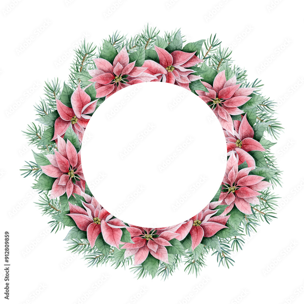Red green poinsettia flowers round wreath frame with pine tree branches watercolor isolated illustration for Christmas greeting cards template, stickers and tableware sets with plates Red green poinsettia flowers round wreath frame with pine tree branches watercolor isolated illustration for Christmas greeting cards template, stickers and tableware sets with plates