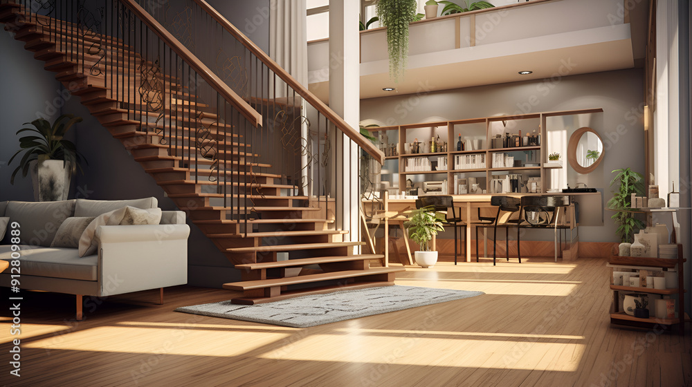 Obraz premium Interior of modern living room with bookshelf and sofa ,Interior design of modern living room with wooden spiral staircase