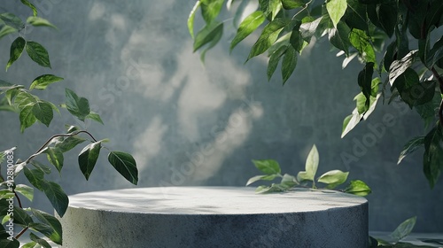 Empty Podium Scene with Natural Stone and Concrete, Set Against a Green Background with Green Leaves for Cosmetic Product Display
