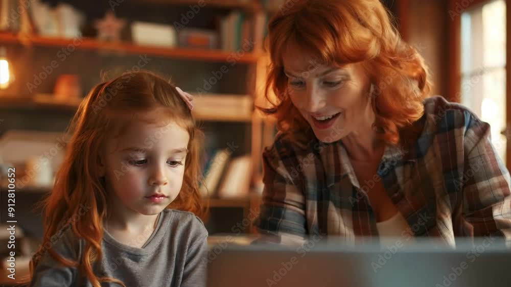 Tutoring session at home, a redhead tutor and a little girl, work on a laptop for modern education. Ai Footage. Tutoring session at home, a redhead tutor and a little girl, work on a laptop for modern education. Ai Footage.