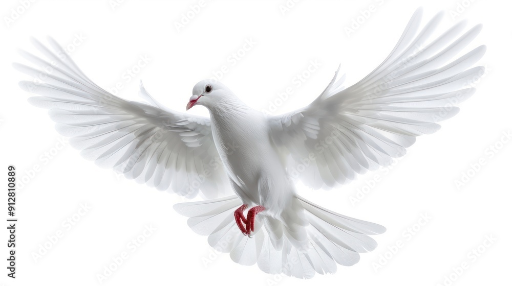 Obraz premium The white dove is a symbol of peace and hope. Beautiful bird flying isolated on a white background. Street pigeon. Love and peace concept.