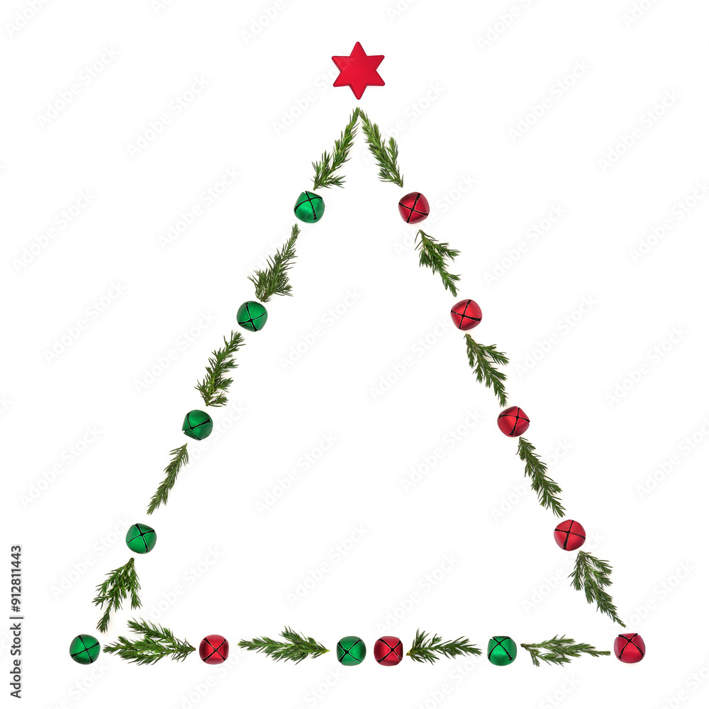 Festive Christmas tree concept shape with fir, green, red, bell and star decorations on white background. Minimal abstract design for logo, invitation, greeting card, gift tag. Festive Christmas tree concept shape with fir, green, red, bell and star decorations on white background. Minimal abstract design for logo, invitation, greeting card, gift tag.