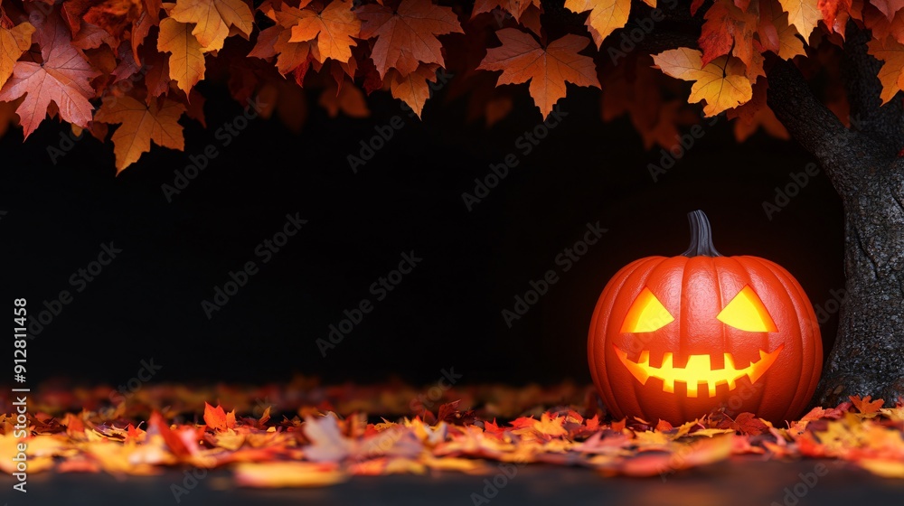 A spooky Halloween scene with a carved pumpkin glowing eerily under a tree surrounded by autumn leaves and a clear space in the center for copy A spooky Halloween scene with a carved pumpkin glowing eerily under a tree surrounded by autumn leaves and a clear space in the center for copy