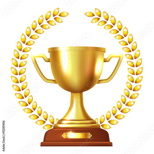 Golden cup with a golden laurel wreath. Vector 3d clipart.