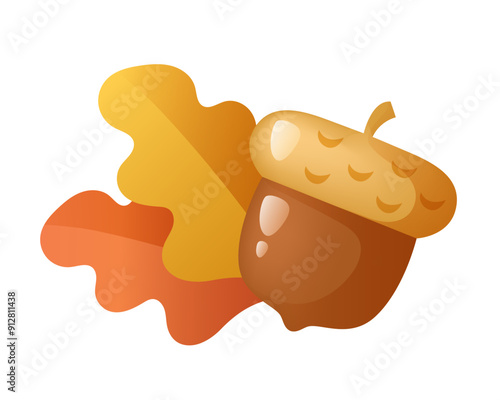 Acorn and oak leaves. Vector 3d clipart isolated on white background.