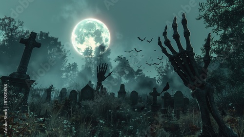 Night cemetery, with tombstones, crosses, and zombie hands reaching out from the ground. Horror. Halloween.