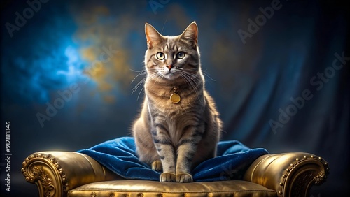 A Portrait of a Cat in a Regal Setting, Adorned in Sapphire and Gold  AI generated photo